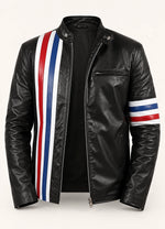 Men’s Black Leather Jacket with USA Flag Stripes