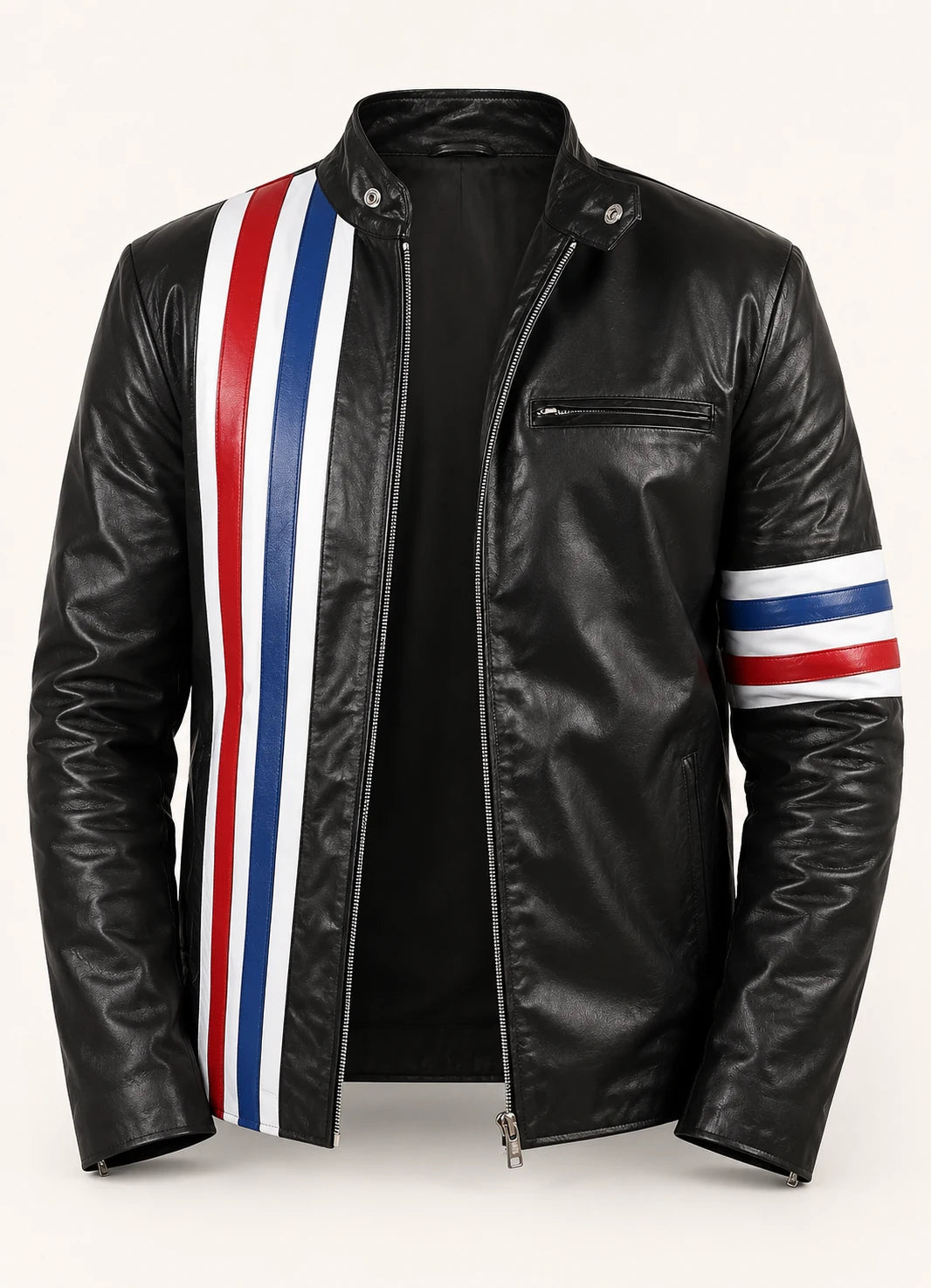 Men’s Black Leather Jacket with USA Flag Stripes
