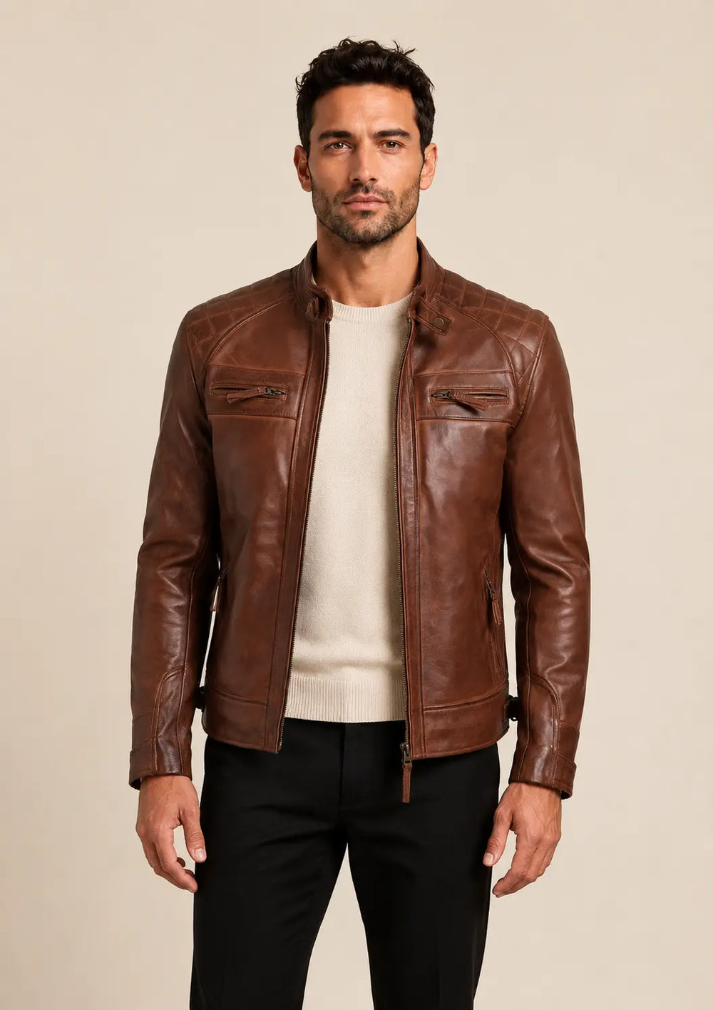 Refined Men's Cognac Café Racer Leather Jacket with Quilted Shoulders