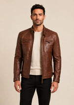 Refined Men's Cognac Café Racer Leather Jacket with Quilted Shoulders