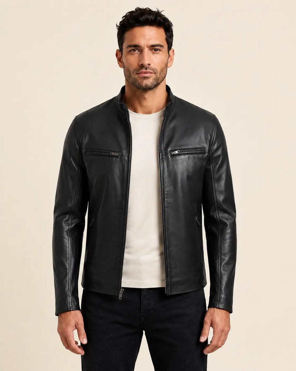 Luxury Men's Black Cowhide Biker-Style Leather Jacket