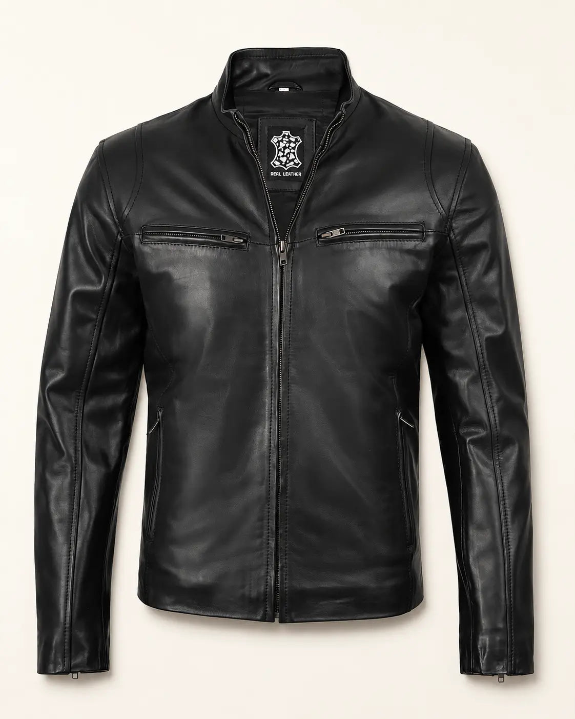 Luxury Men's Black Cowhide Biker-Style Leather Jacket