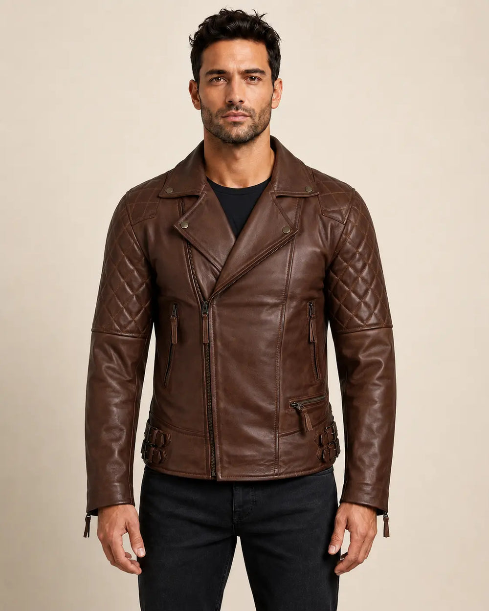 Refined Men’s Cognac Real Leather Biker Jacket