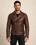 Refined Men’s Cognac Real Leather Biker Jacket