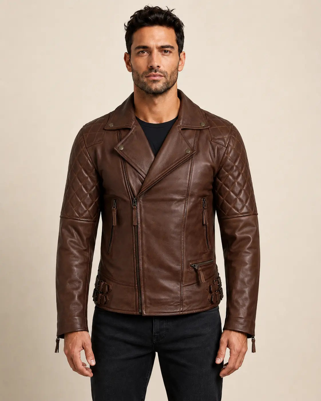 Refined Men’s Cognac Real Leather Biker Jacket