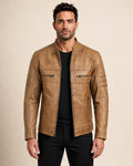 Heritage Men's Camel Biker-Style Leather Jacket with Zip Cuffs