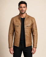 Heritage Men's Camel Biker-Style Leather Jacket with Zip Cuffs