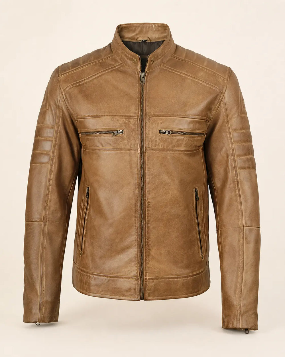 Heritage Men's Camel Biker-Style Leather Jacket with Zip Cuffs