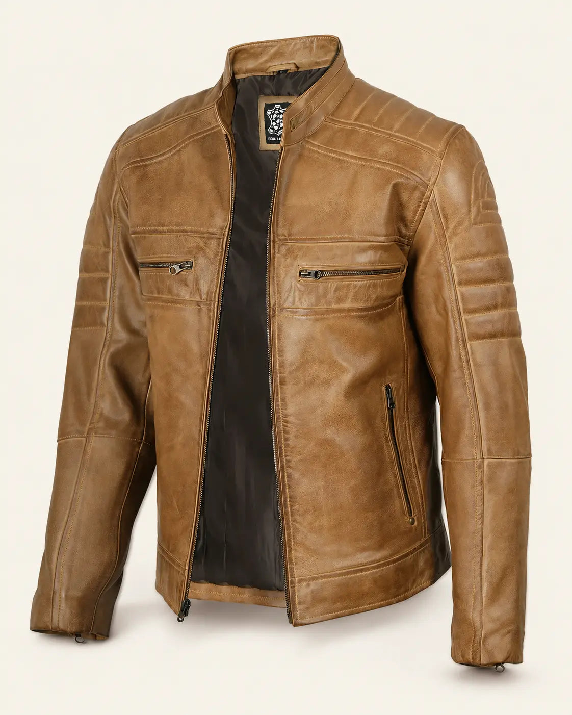 Heritage Men's Camel Biker-Style Leather Jacket with Zip Cuffs