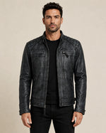 Modern Men's Washed Black Distressed Leather Biker Jacket