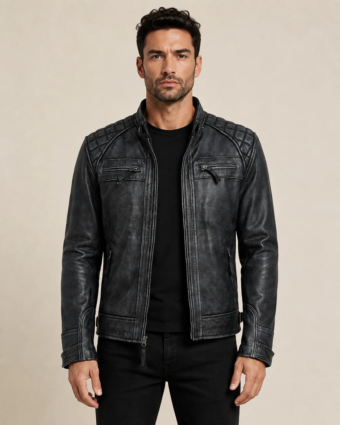 Modern Men's Washed Black Distressed Leather Biker Jacket