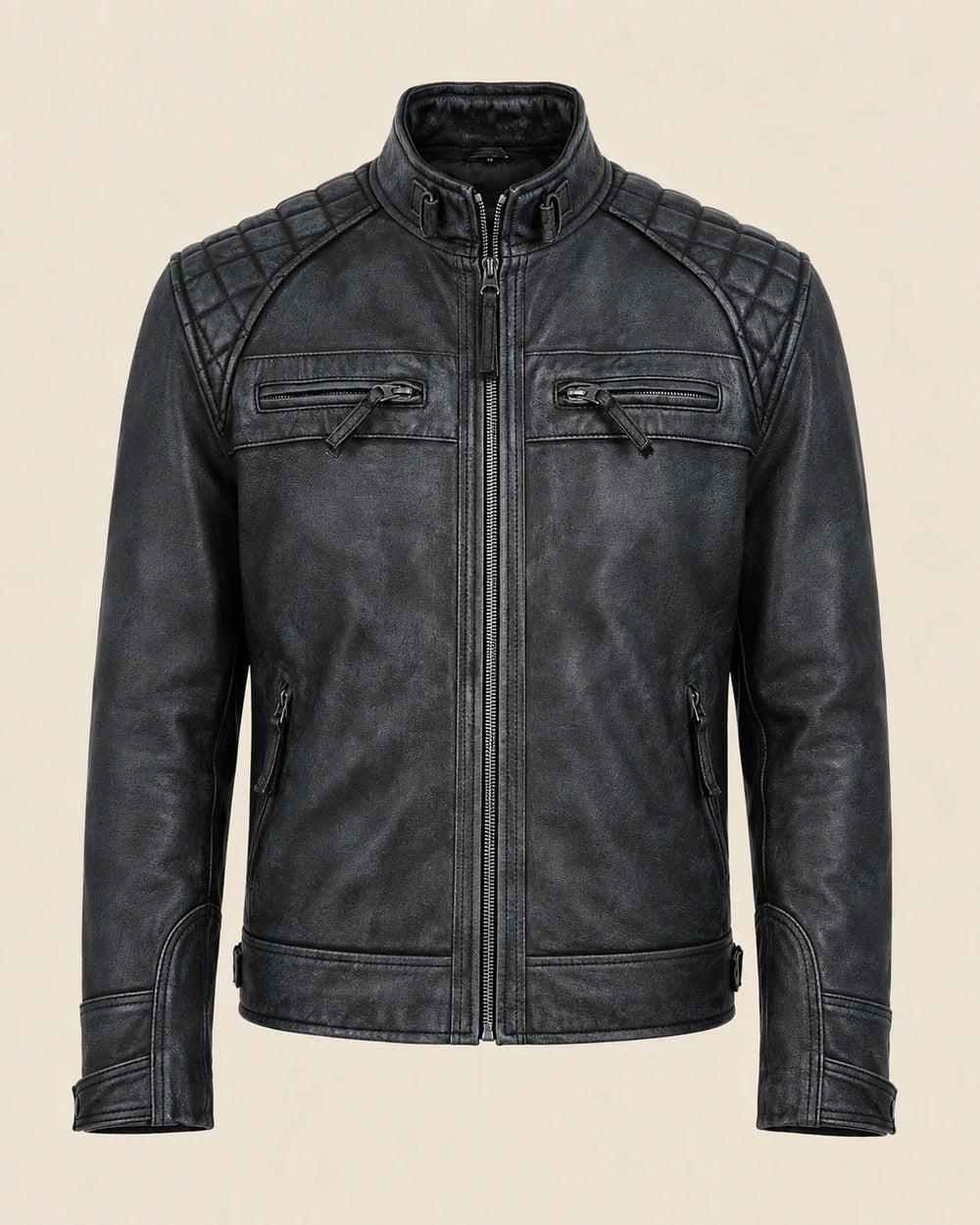 Modern Men's Washed Black Distressed Leather Biker Jacket