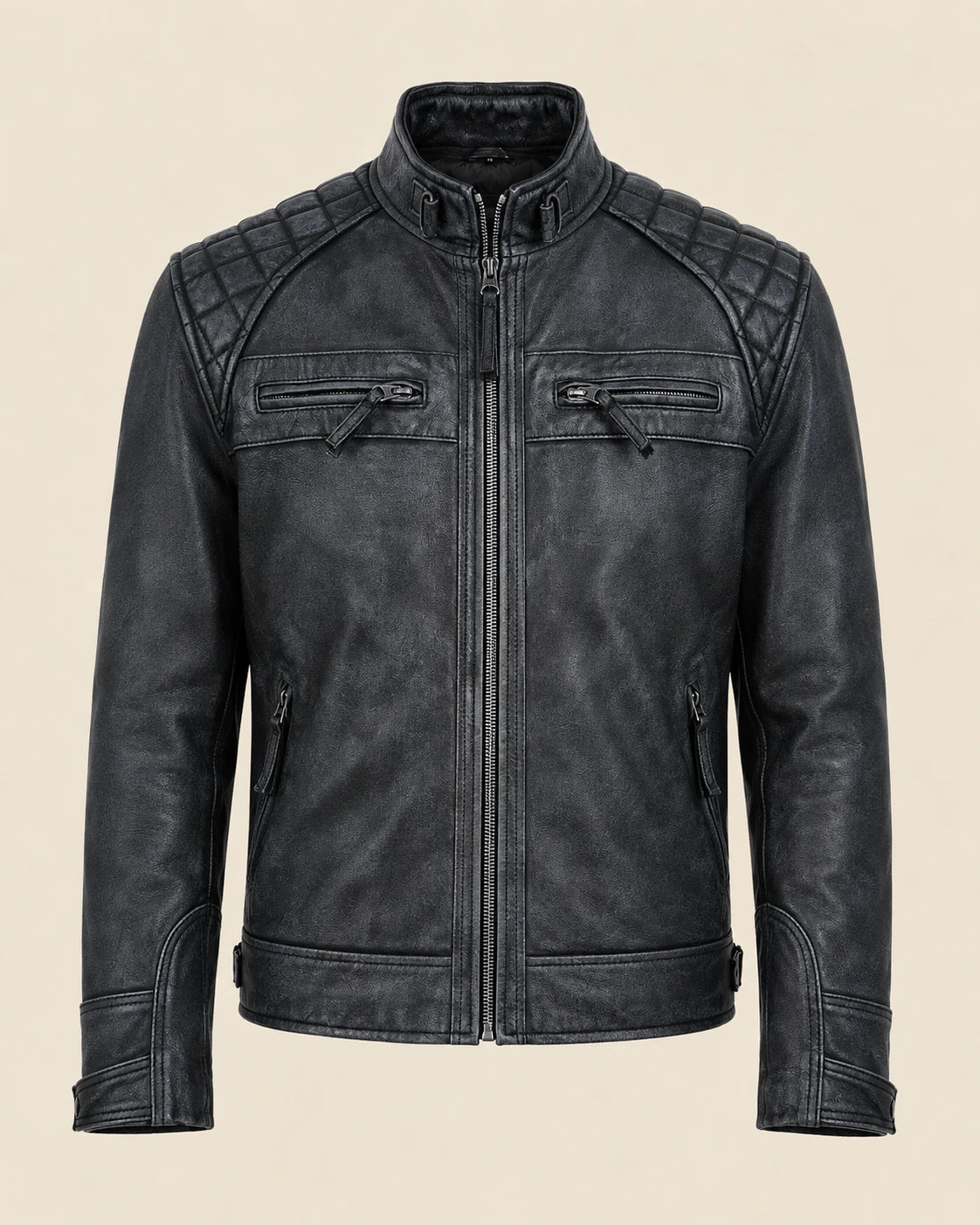 Modern Men's Washed Black Distressed Leather Biker Jacket