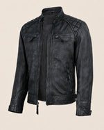 Modern Men's Washed Black Distressed Leather Biker Jacket
