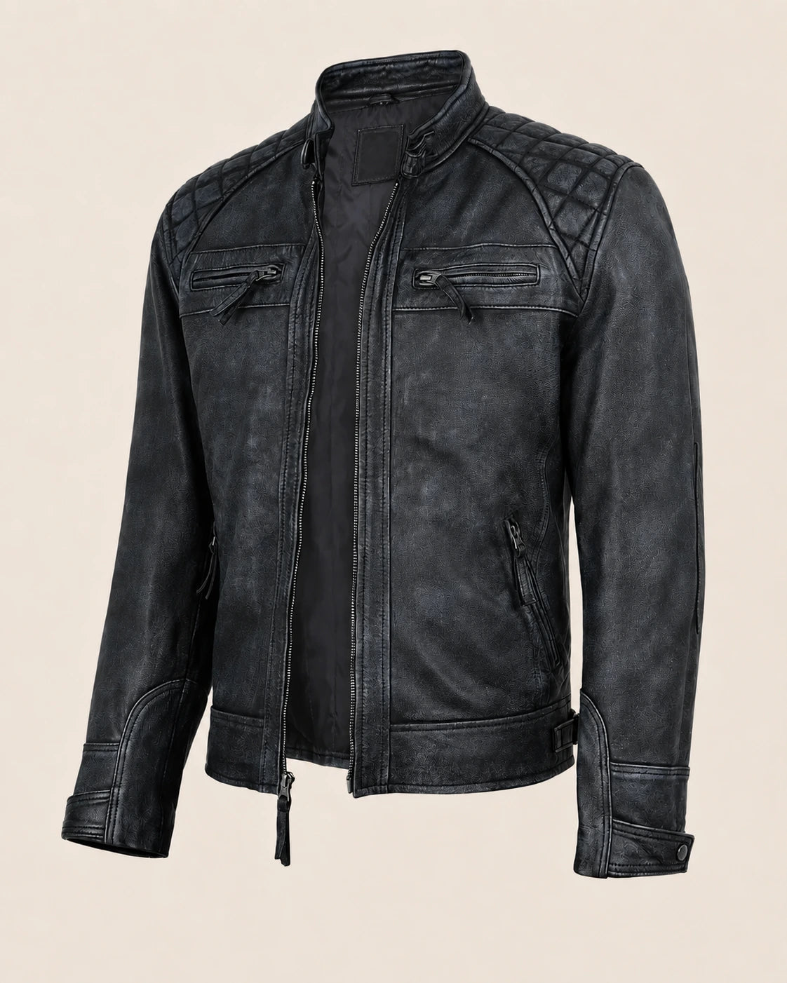 Modern Men's Washed Black Distressed Leather Biker Jacket