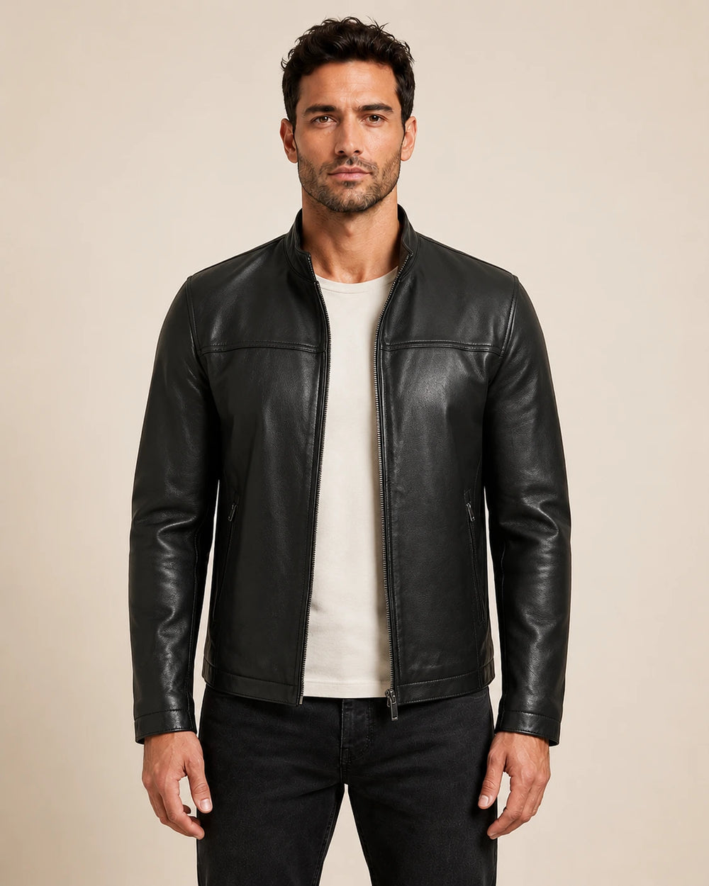 Premium Men's Black Leather Biker Jacket with Upright Collar