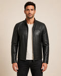 Premium Men's Black Leather Biker Jacket with Upright Collar
