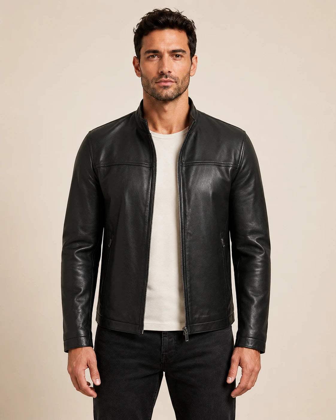 Premium Men's Black Leather Biker Jacket with Upright Collar