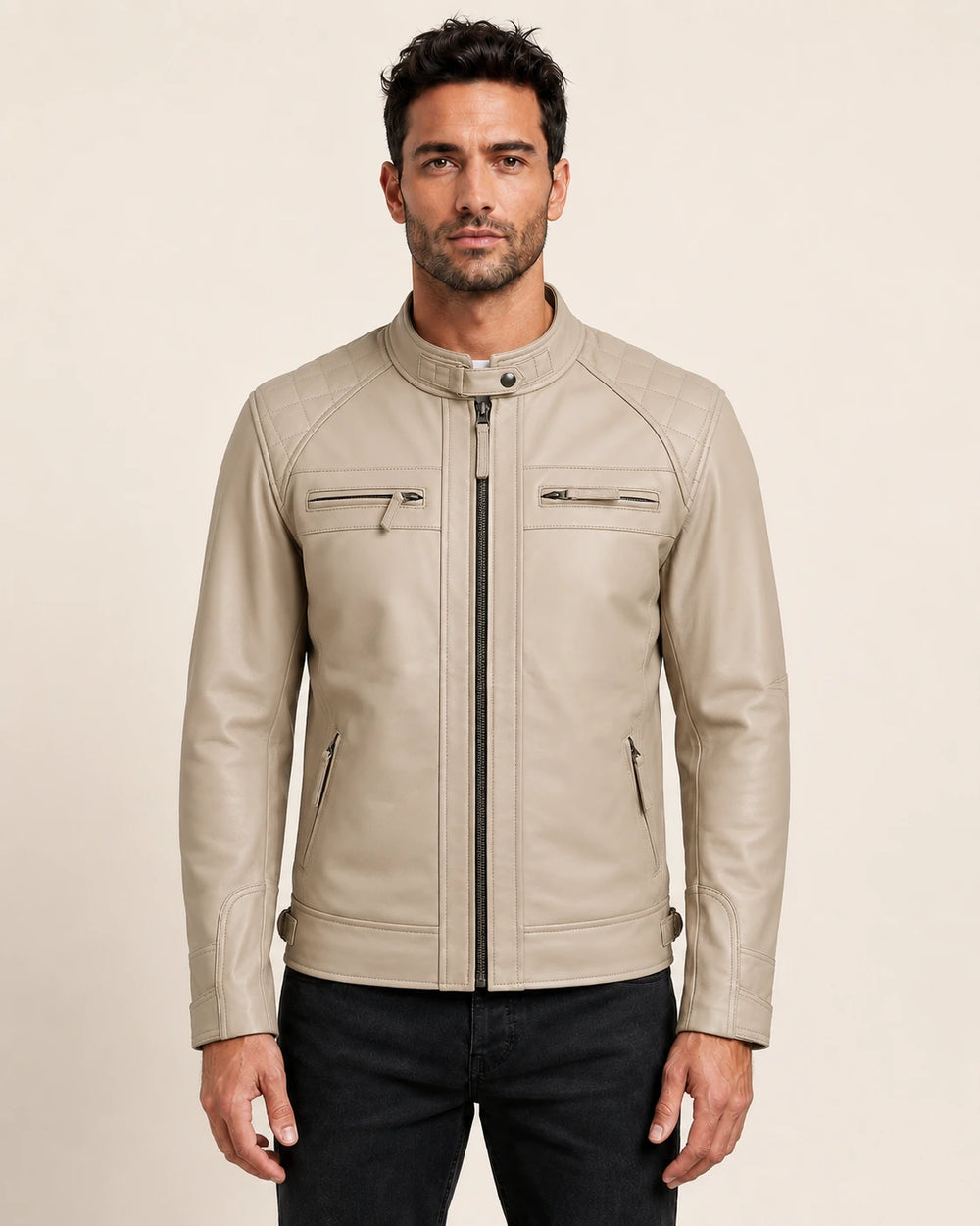 Luxury Men's Beige Biker Leather Jacket with Quilted Shoulders