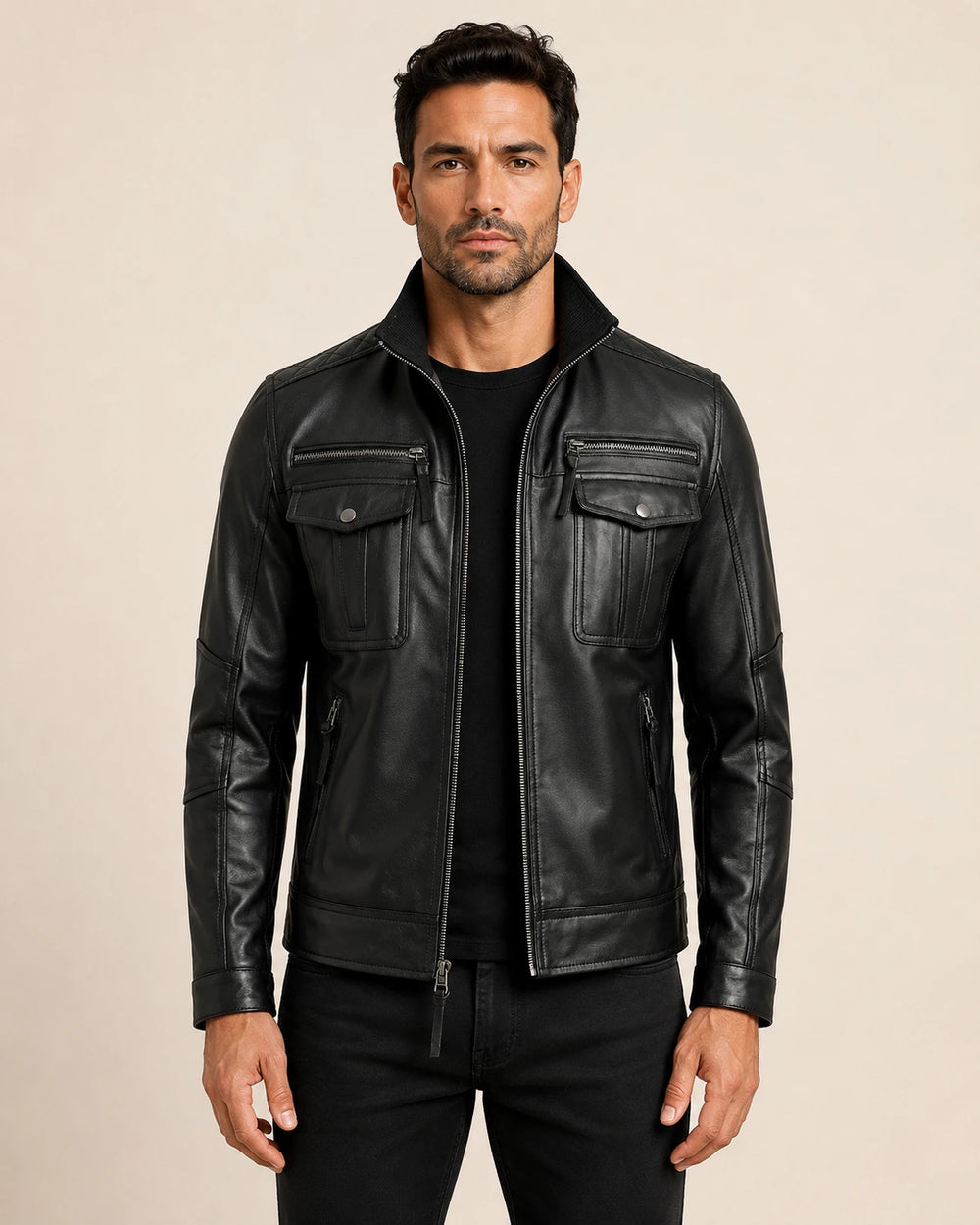 Heritage Men's Black Biker Style Leather Jacket with Quilted Shoulders