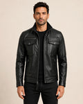 Heritage Men's Black Biker Style Leather Jacket with Quilted Shoulders