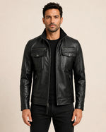 Heritage Men's Black Biker Style Leather Jacket with Quilted Shoulders
