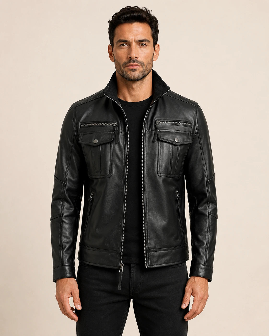Heritage Men's Black Biker Style Leather Jacket with Quilted Shoulders
