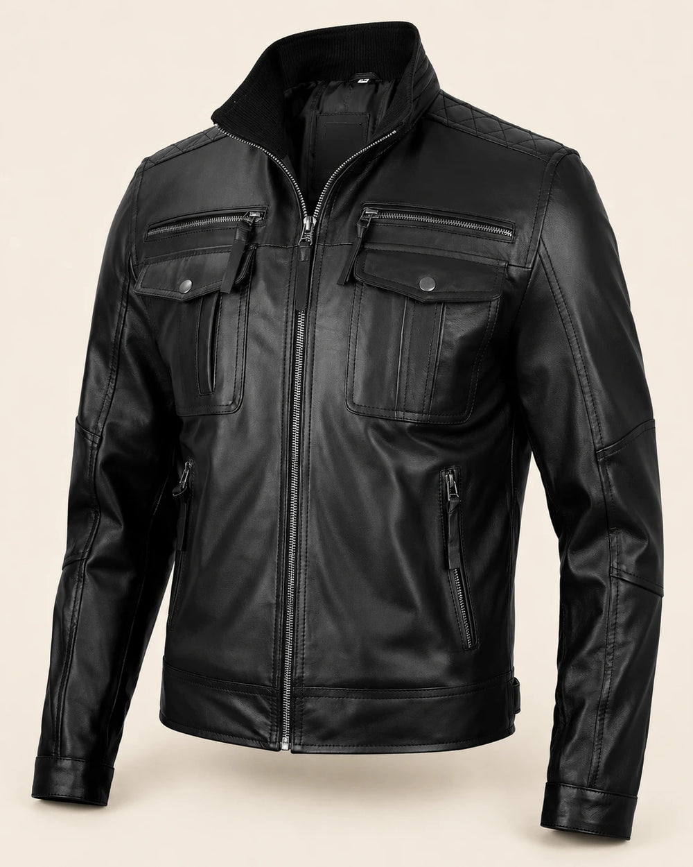 Heritage Men's Black Biker Style Leather Jacket with Quilted Shoulders