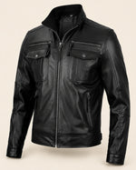 Heritage Men's Black Biker Style Leather Jacket with Quilted Shoulders