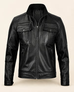 Heritage Men's Black Biker Style Leather Jacket with Quilted Shoulders