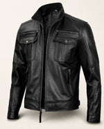 Heritage Men's Black Biker Style Leather Jacket with Quilted Shoulders