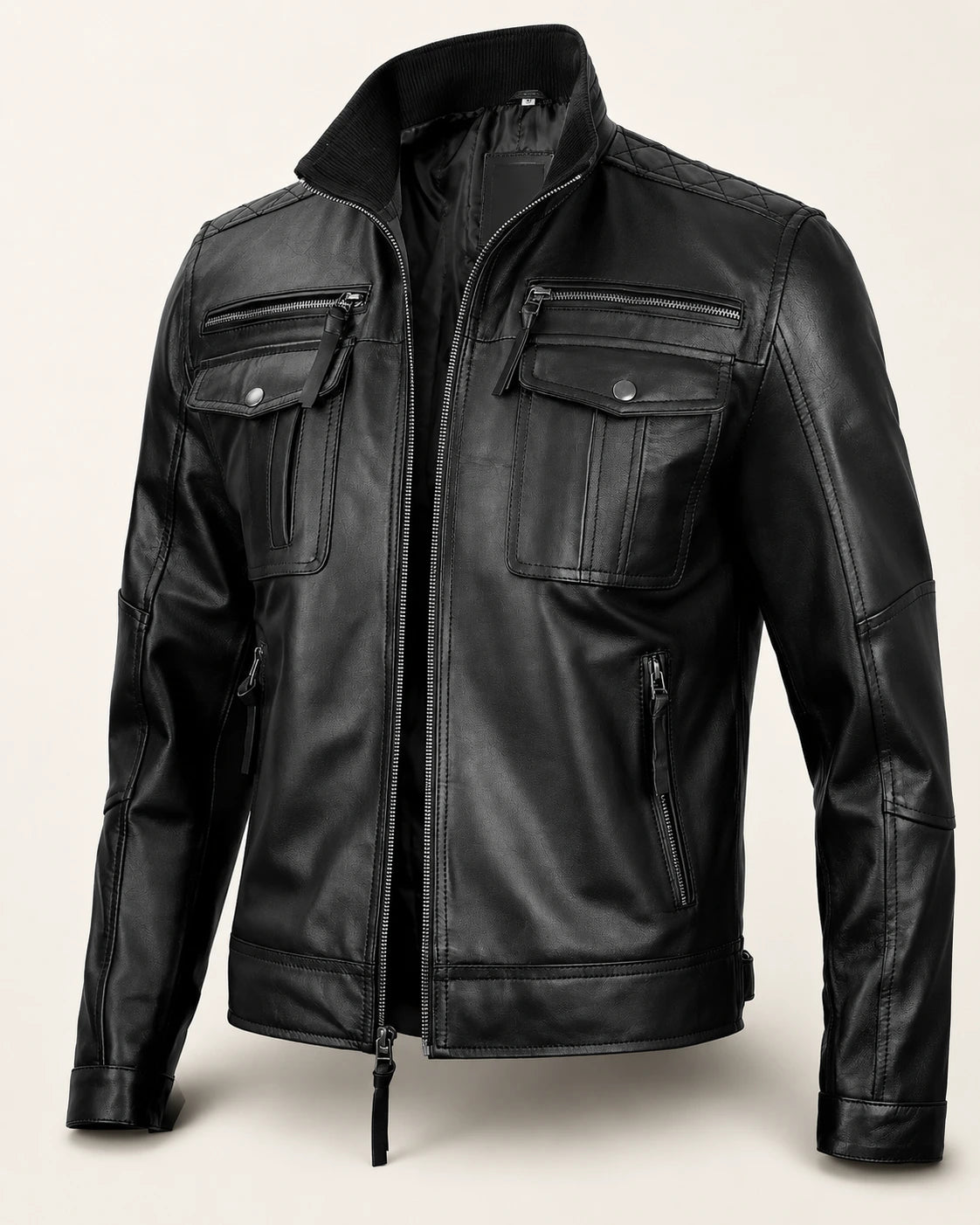 Heritage Men's Black Biker Style Leather Jacket with Quilted Shoulders