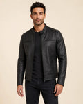 Classic Men's Matte Black Real Leather Biker Jacket with Minimalist Design