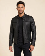 Classic Men's Matte Black Real Leather Biker Jacket with Minimalist Design