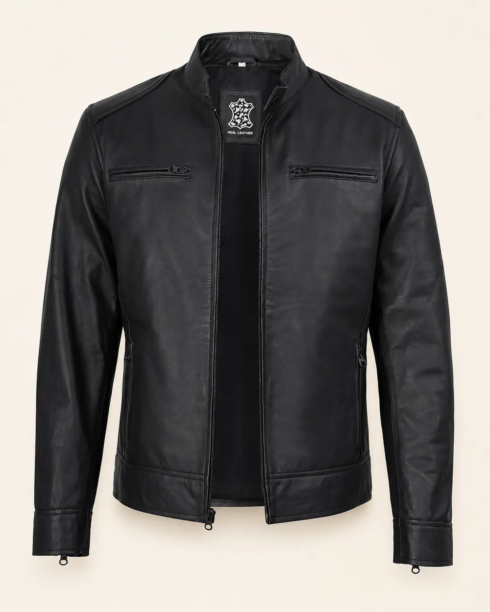 Classic Men's Matte Black Real Leather Biker Jacket with Minimalist Design
