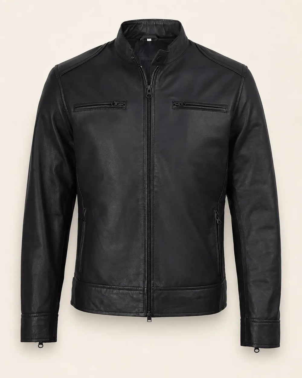 Classic Men's Matte Black Real Leather Biker Jacket with Minimalist Design