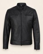 Classic Men's Matte Black Real Leather Biker Jacket with Minimalist Design