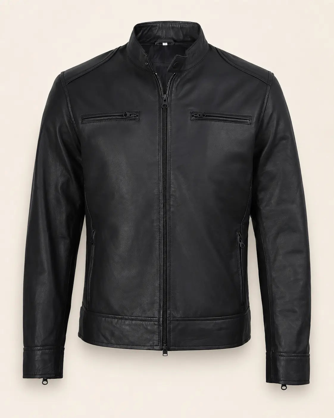 Classic Men's Matte Black Real Leather Biker Jacket with Minimalist Design