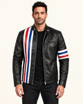 Men’s Black Leather Jacket with USA Flag Stripes