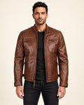 Classic Men's Cognac Café Racer Leather Jacket with Quilted Shoulders