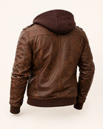 Men Brown Leather Motorcycle Jacket Removable Hood