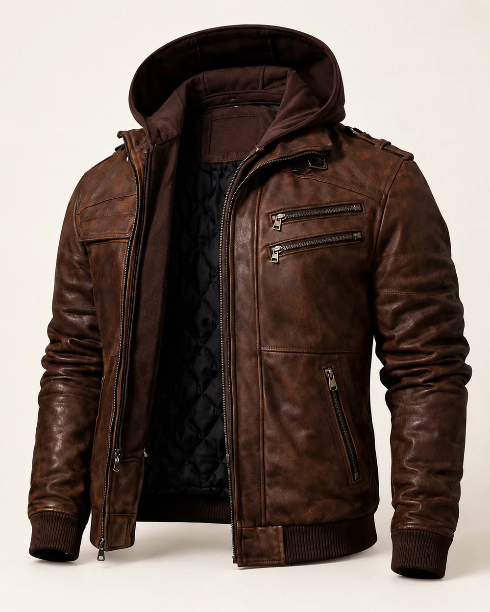 Men Brown Leather Motorcycle Jacket Removable Hood