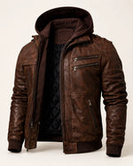 Men Brown Leather Motorcycle Jacket Removable Hood