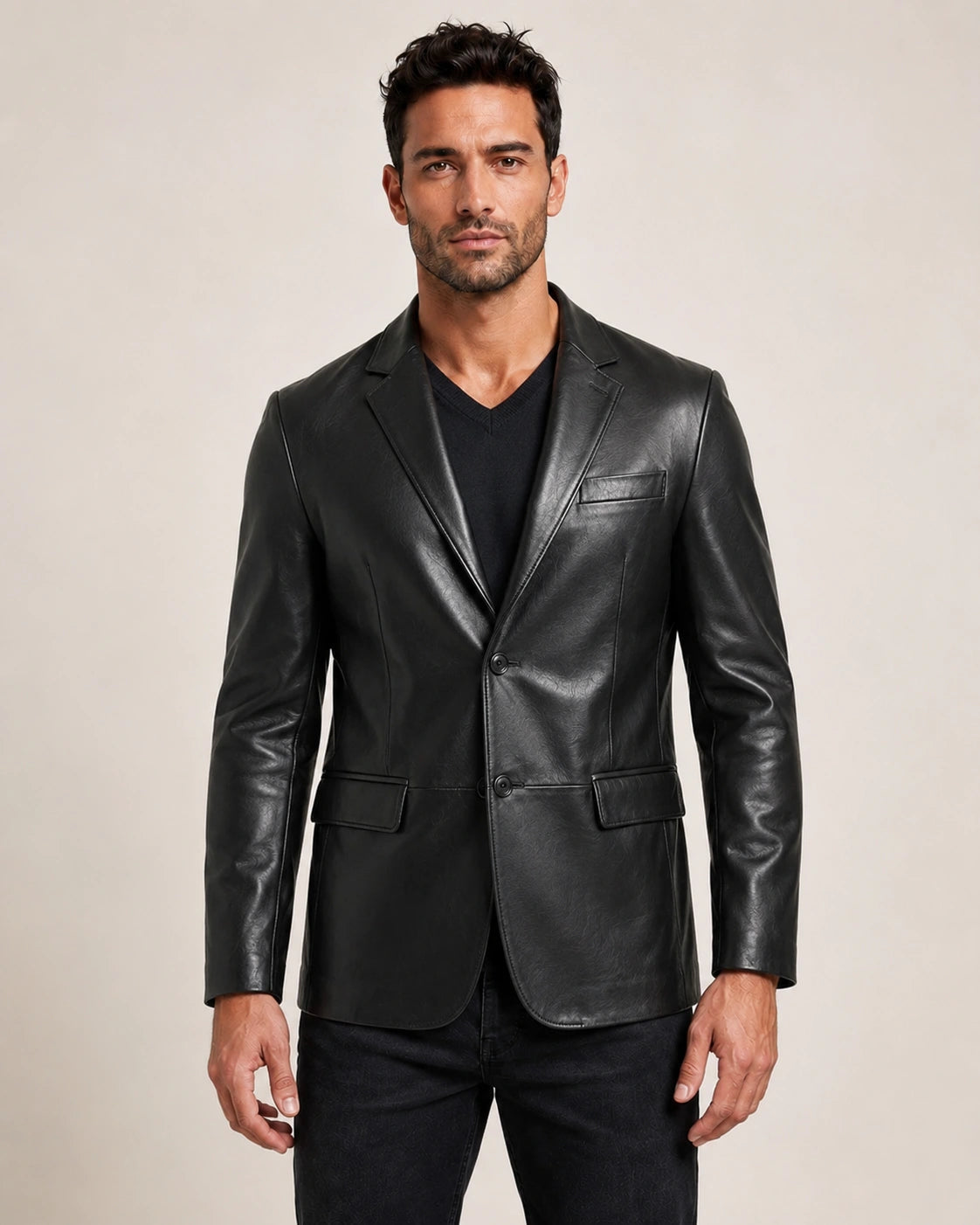 The Royal Men's Slim Fit Real Black Leather Blazer