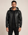 Men’s Black Hooded Leather Bomber Jacket