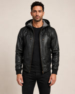 Men’s Black Hooded Leather Bomber Jacket
