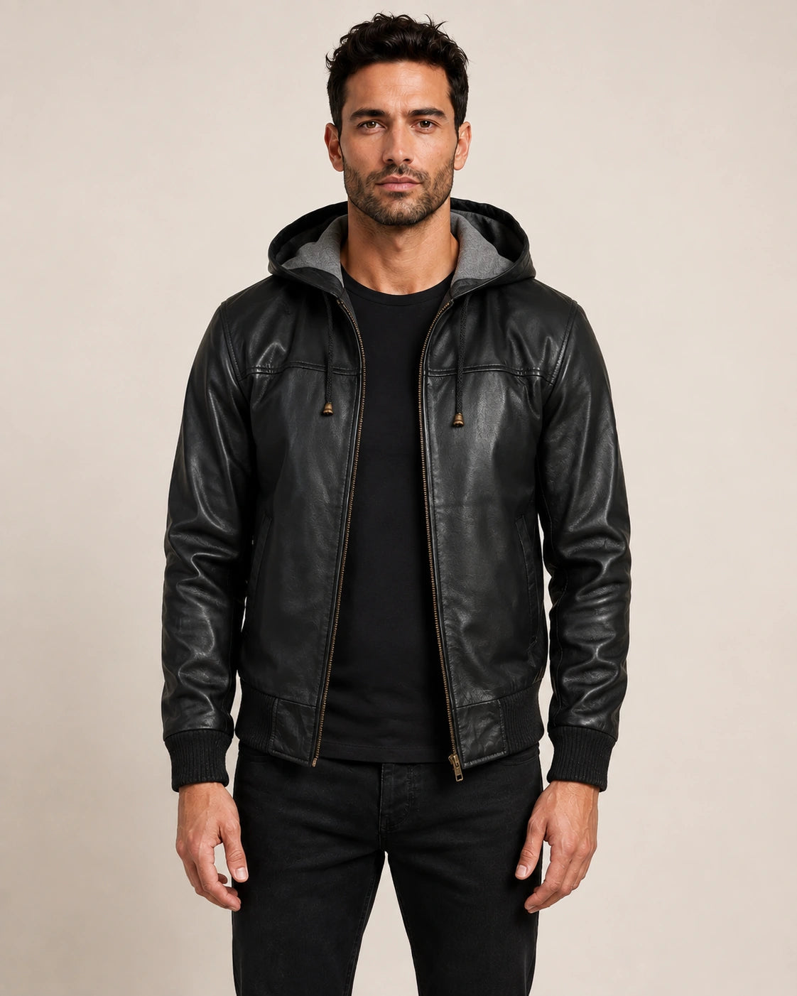 Men’s Black Hooded Leather Bomber Jacket