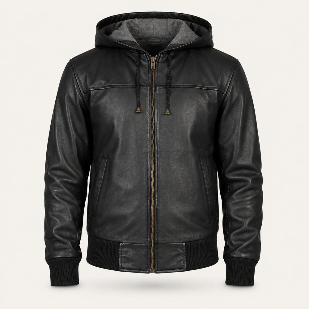 Men’s Black Hooded Leather Bomber Jacket