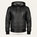 Men’s Black Hooded Leather Bomber Jacket