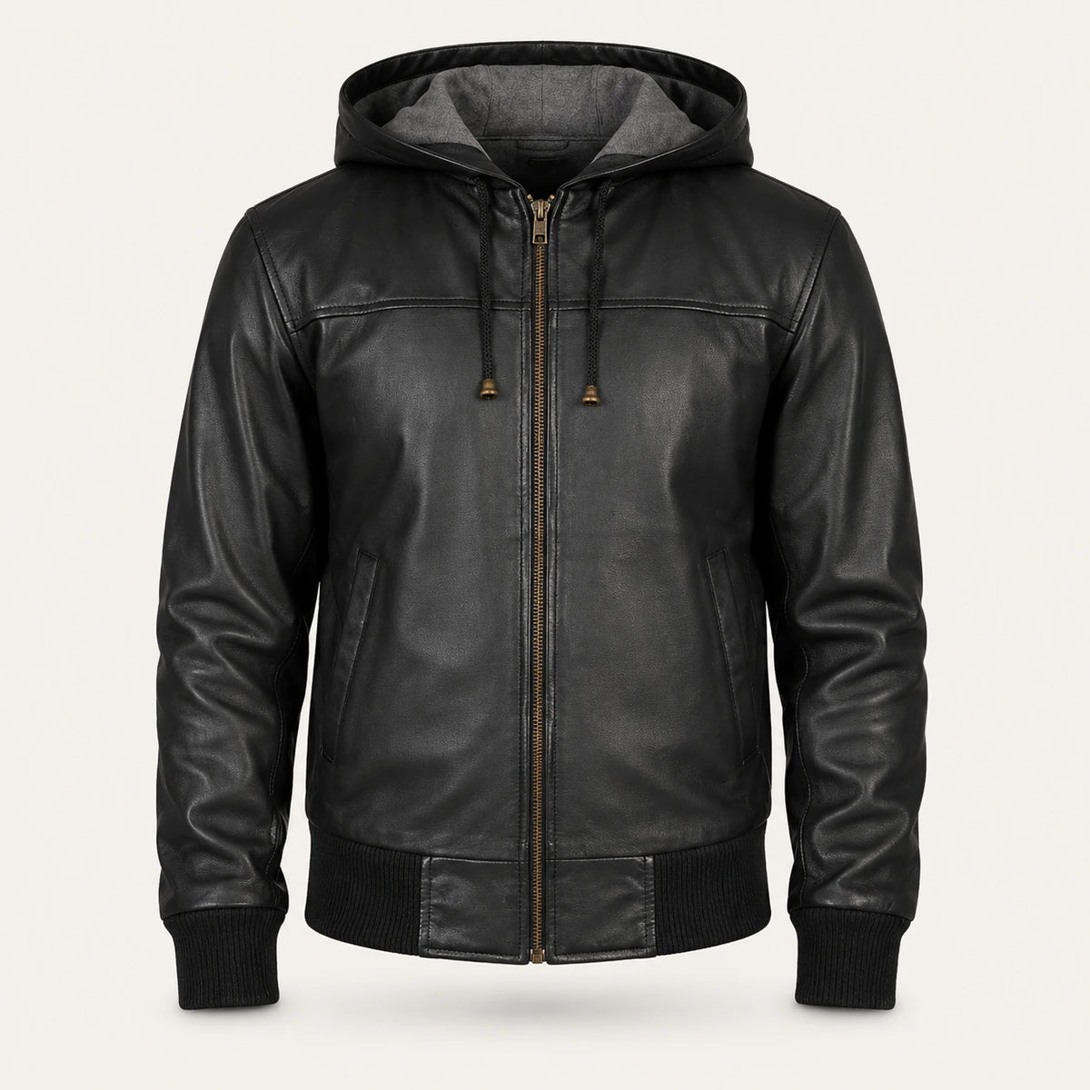 Men’s Black Hooded Leather Bomber Jacket